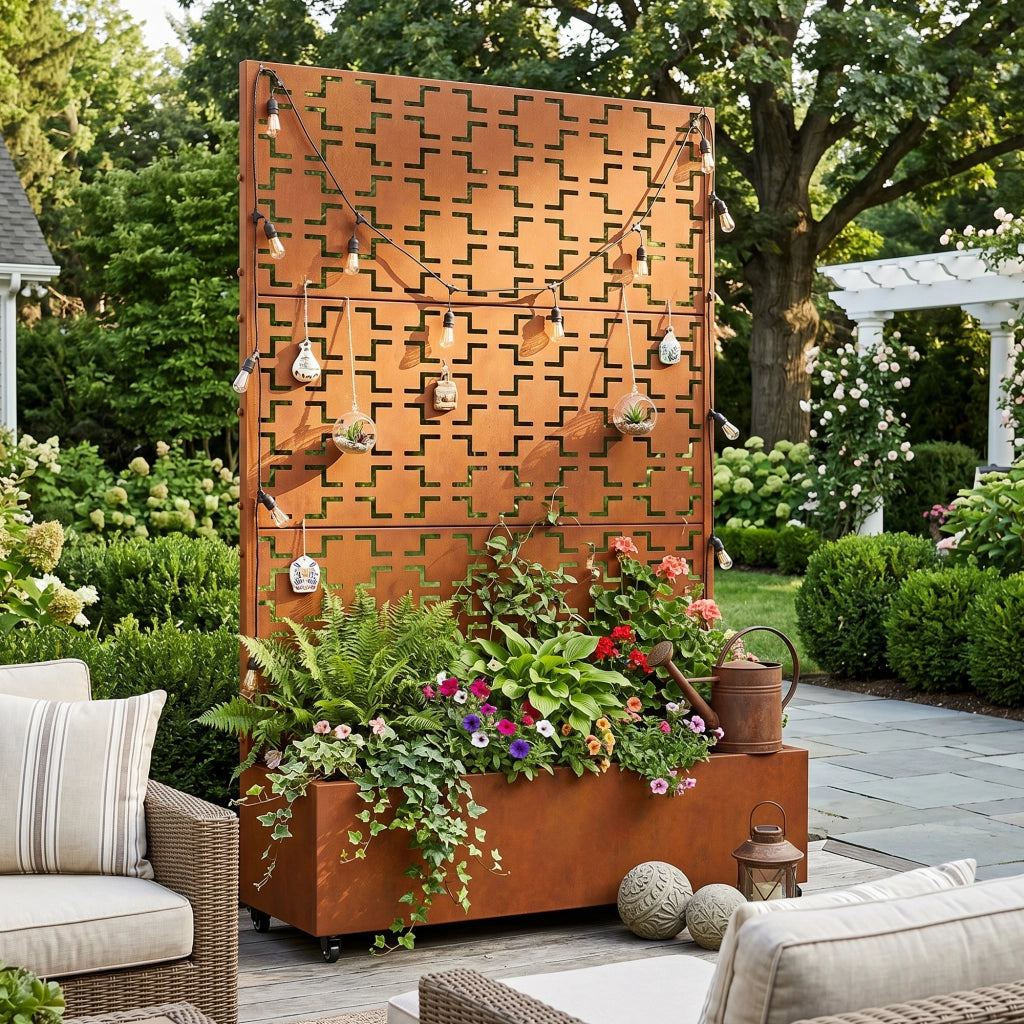 Fioriera con Spalliera Aaskis a Rotelle in Acciaio Corten 190 x 120 x 38 cm - Marrone Ossidato casa.pro