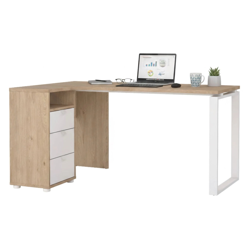 Scrivania Medard, Scrittoio multiuso, Tavolo per ufficio porta PC, Piano di lavoro, 150x100 h76 cm, Rovere e Bianco