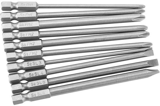 Kit di Bit per Chiave a Batteria 10 pezzi - 100mm Lunghezza Bit Magnetici per PH1, PH2 e Schlüssel