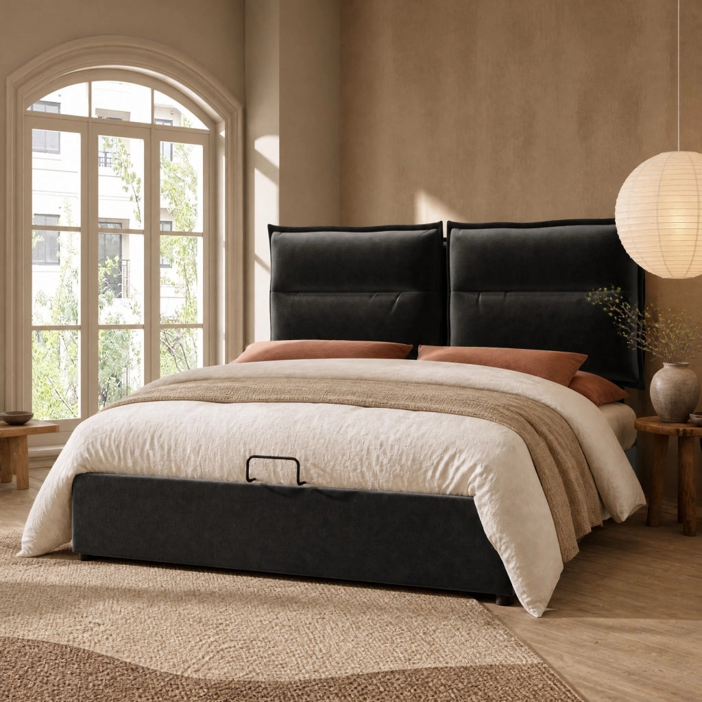 LETTO Contenitore 140x200 cm in velluto nero con testiera regolabile