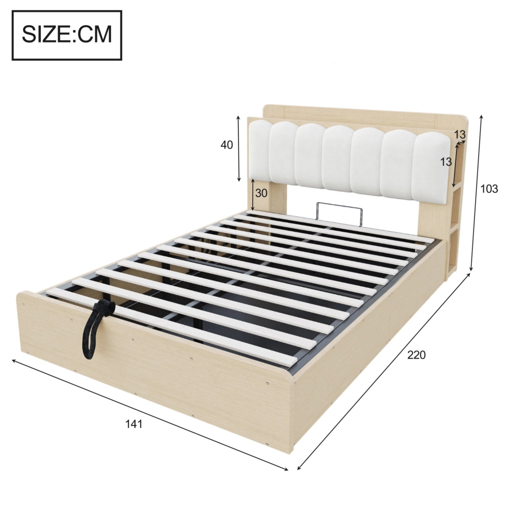 Letto 140x200 cm con contenitore idraulico; testiera con vani; USB e luce; legno colore naturale