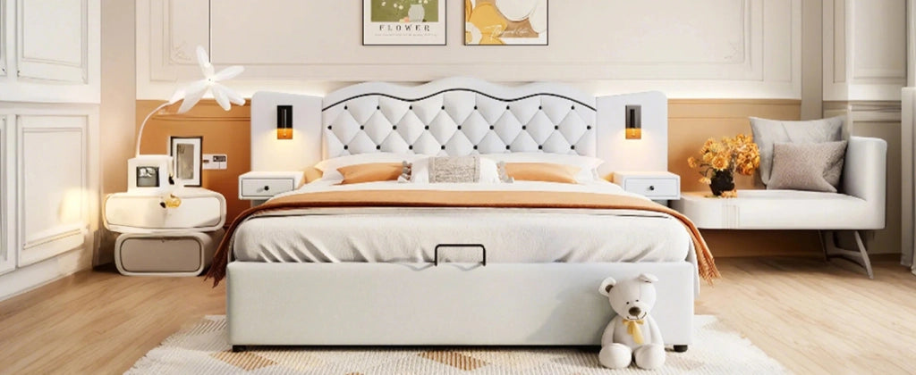 DESMIU Letto Contenitore 2 Posti con USB, 2 Luci da Lettura e Vano Contenitore 180 × 200 cm, Senza Materasso