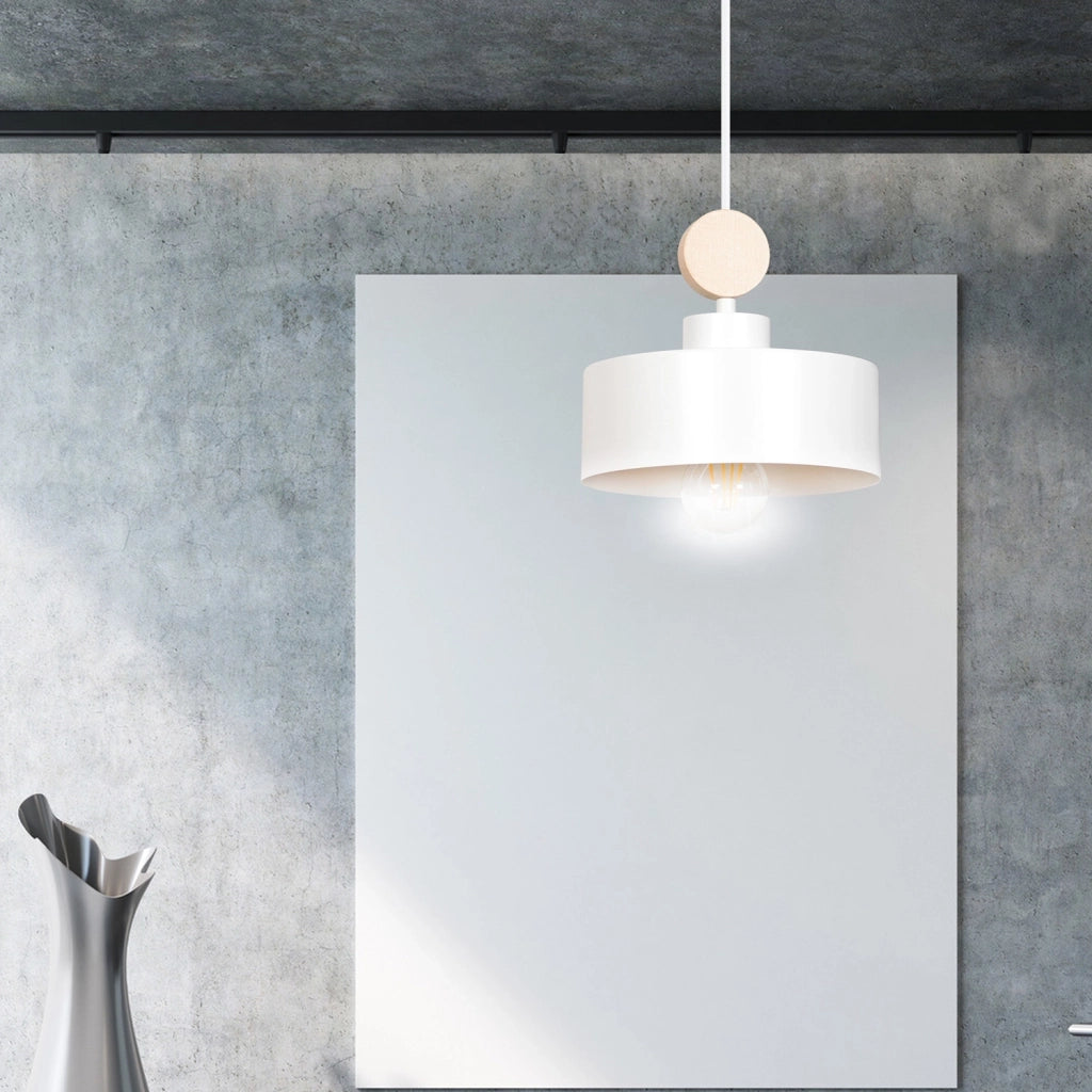 Sospensione 1 Luce Zhurong In Acciaio Bianco E Legno Naturale