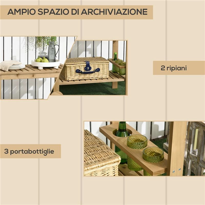 CARRELLO PORTAVIVANDE DA GIARDINO IN LEGNO CON 2 RIPIANI E PORTABOTTIGLIE, 95X47X74 CM, COLOR LEGNO