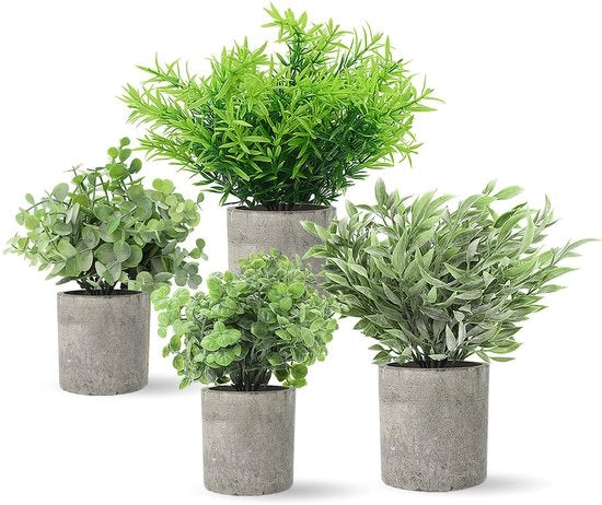 Set di 4 piante artificiali per interni in contenitori in cemento, piante artificiali in vaso di plastica finto verde, piante artificiali mini in vaso, piante artificiali mini per ufficio, camera da letto, tavolo, scrivania, mensola, arredamento di casa