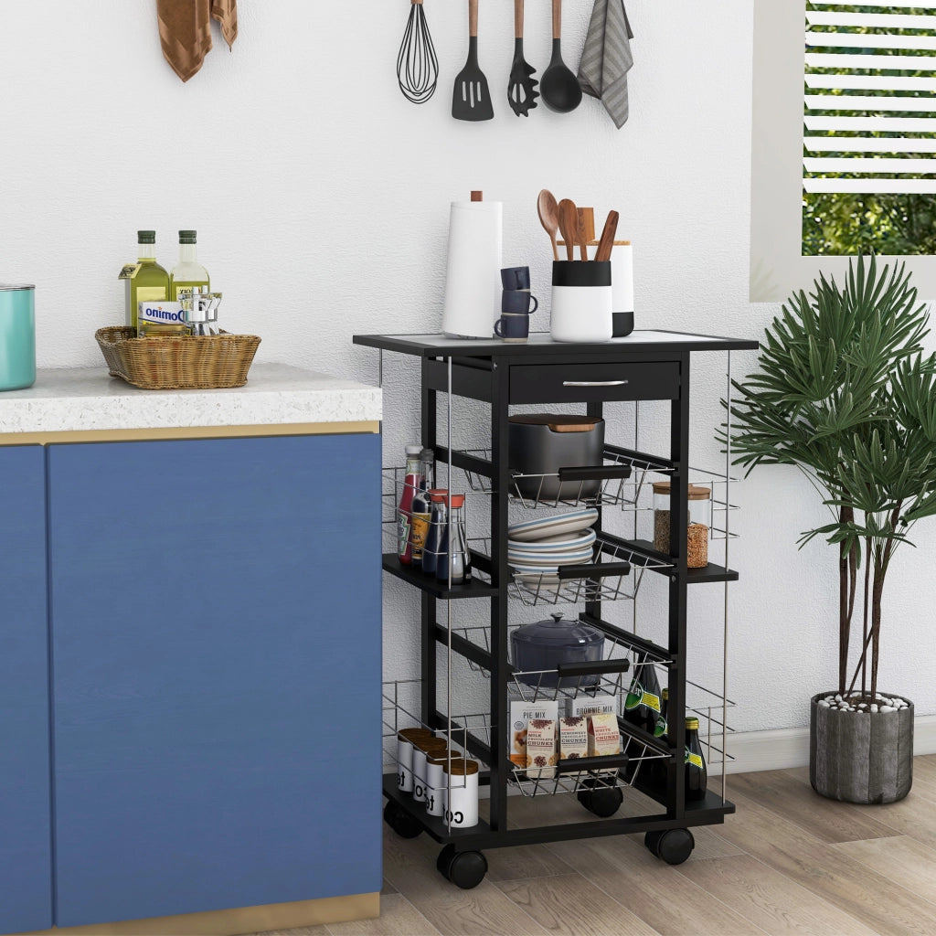 Carrello da cucina con ruote e cestini ¨C zephmum ¨C nero, bianco, legno, metallo, 4 cestini