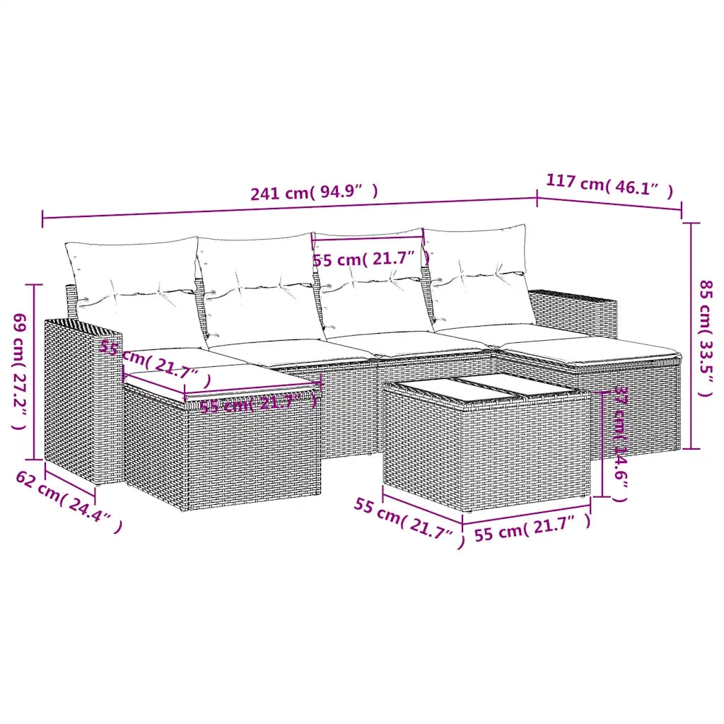 Set Divani da Giardino 7 pz con Cuscini Marrone in Polyrattan