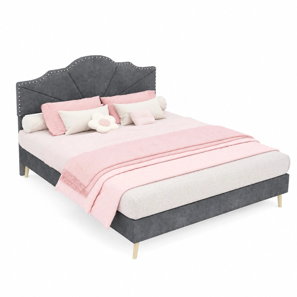 Letto matrimoniale imbottito con testiera geometrica 140x200 cm; grigio
