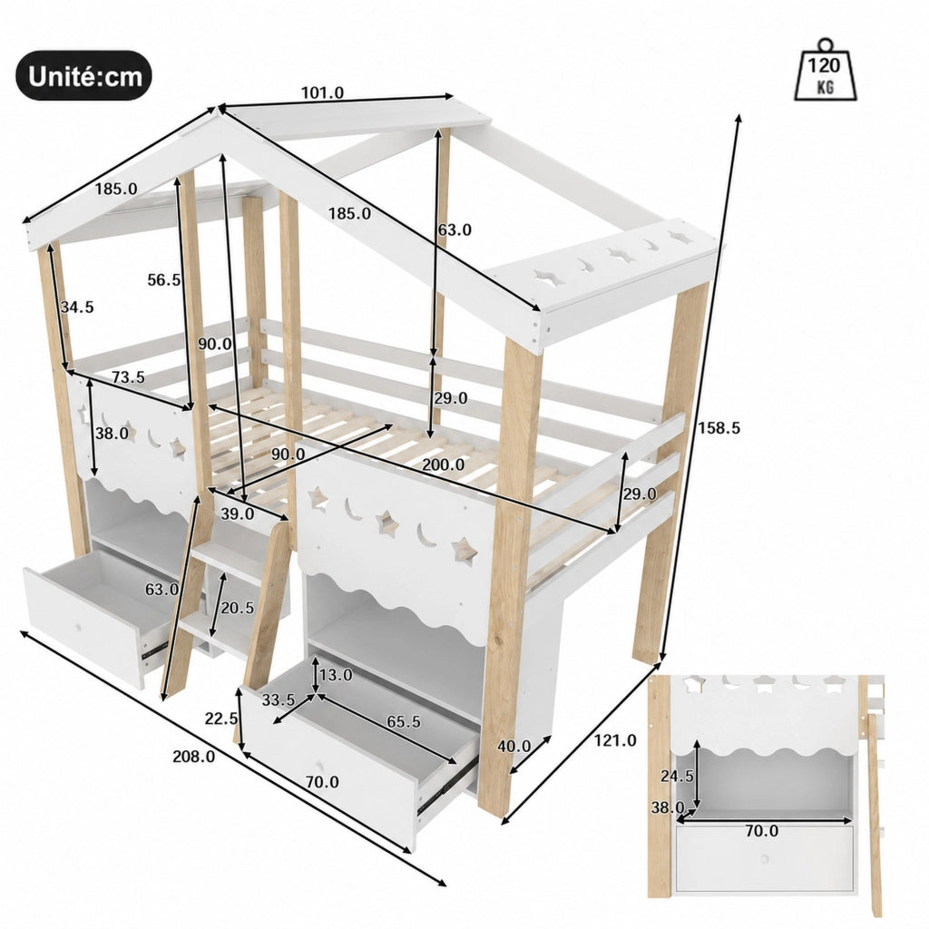 DESMIU Letto a soppalco per bambini 90 × 200 cm 1 posto con 2 cassetti, LED e scaffali, senza materasso
