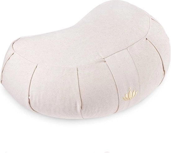 Zafu per meditazione con forma di mezzaluna - altezza seduta 15cm - cuscino yoga mezzaluna con imbottitura di spelta - copertura lavabile di cotone biologico - certificato GOTS