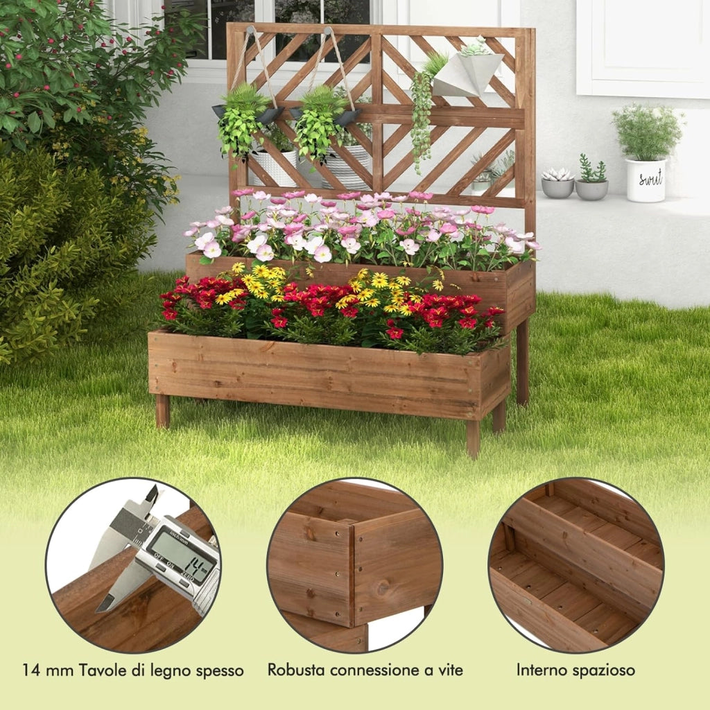 Fioriera da Giardino a 2 Livelli con Traliccio, Letto Rialzatto con Gambe in Legno, Foro di Drenaggio, Fioriera da Interno ed Esterno per Frutta, Verdura, Fiori ed Erbe Rampicanti (Marrone)