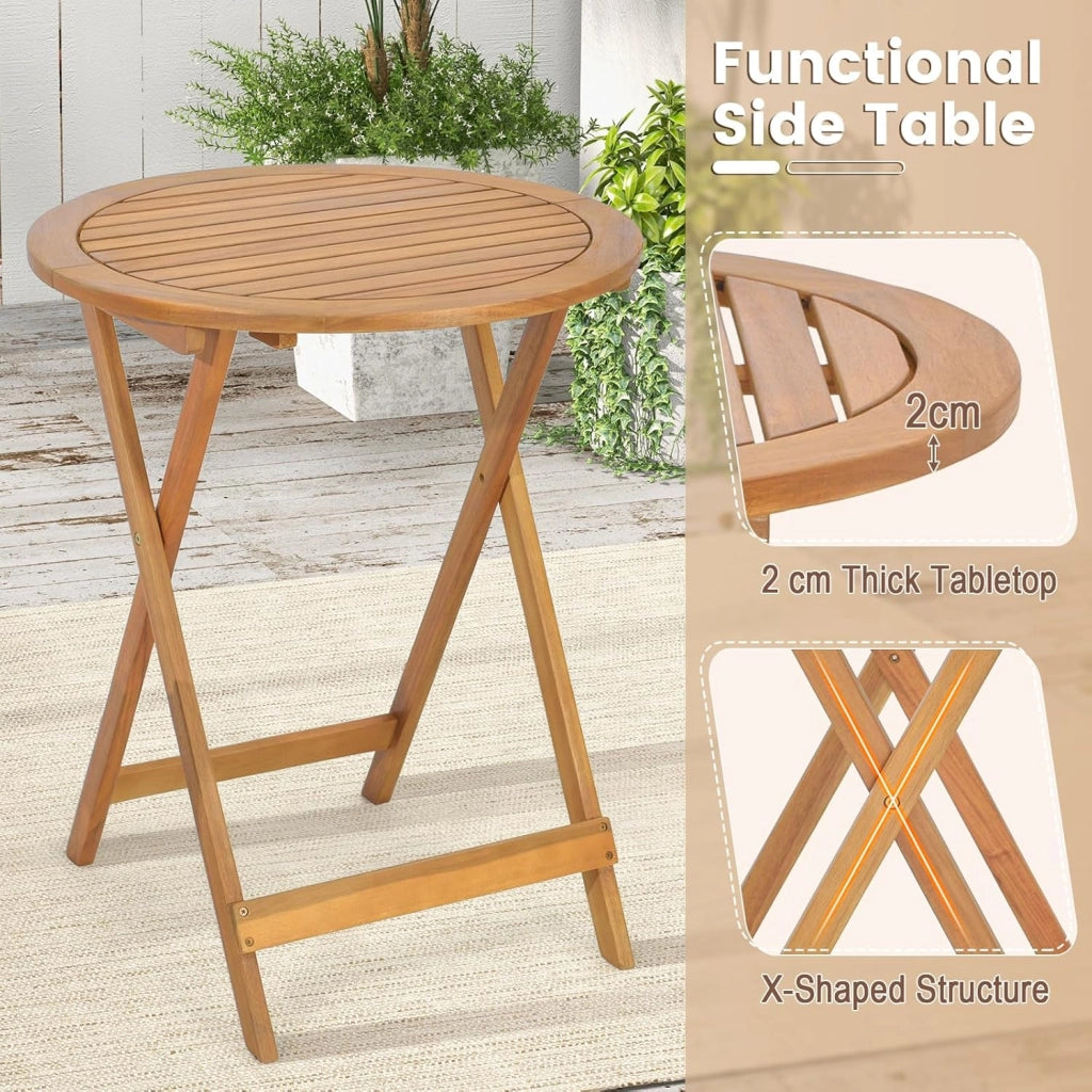Set Tavolo e Sedie Pieghevoli a 3 Pezzi, 1 Tavolo Rotondo e 2 Sedie con Schienale, Set Mobili da Giardino in Legno di Acacia, Set Bistro con Sedile a Doghe per Interno ed Esterno, Naturale