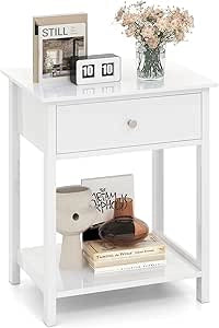 Comodino in Legno con Cassetto, Tavolino Laterale per Divano o Letto con Scaffale Aperto, Tavolino Compatto con Spazio di Archiviazione, Comò Salvaspazio per Camera da Letto