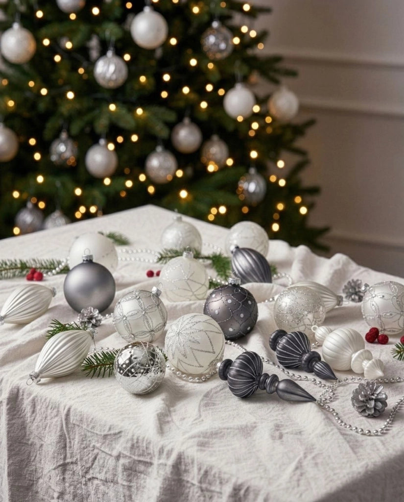Set di 35 palline di Natale in vetro grigio da appendere all'albero di Natale in stile in stile tradizionale glamour