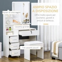 Toeletta da Trucco con Specchio, Tavolo da Trucco, Sgabello, 4 Cassetti e 4 Ripiani, Bianco