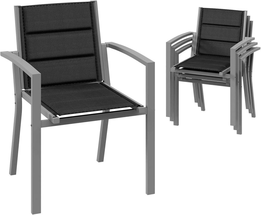 Set di 4 sedie da giardino impilabili in alluminio, carico massimo 160 kg, per giardino, piscina, terrazza, sala da pranzo, mobili da giardino, grigio chiaro