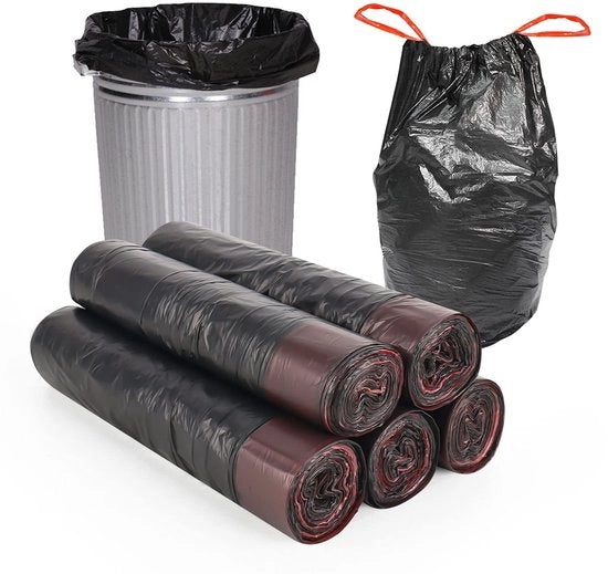 Sacchi di Imballaggio Extra Resistenti - 5 Pacchi da 15 Litri - Antiscivolo - Nero - Corda Portatile - 75 Pezzi - Multifunzionali - Sacchi di Rifiuti