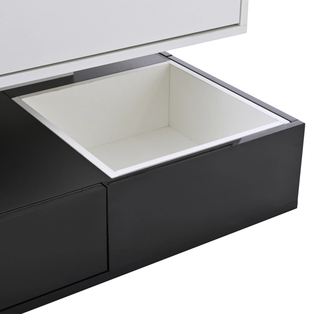 Tavolino da caffè 70x70 cm con piano girevole 360°, 3 cassetti, vano contenitore, bianco e nero