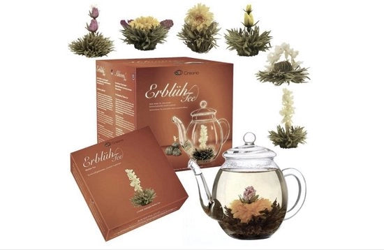 Mischione di Fiori di Te "Erblüh Tee" di Primavera Raccolta con Tazza di Vetro per Tè Bianco (in 6 varietà)