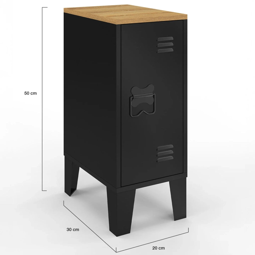 IDMarket - Set di 2 comodini stretti ESTER, 1 anta in metallo nero, piano in faggio, design industriale