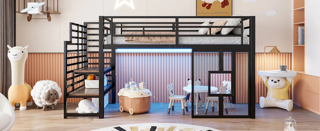 Letto a soppalco singolo 90 × 200 cm con scala contenitore, luci LED e finestre, senza materasso, nero