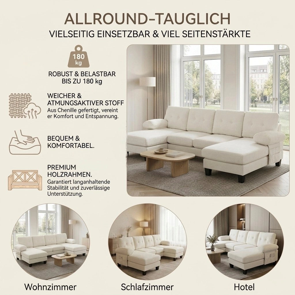 Divano a U con chaise longue bilaterale, tasche laterali e braccioli removibili in chenille beige 268 × 128 × 84 cm