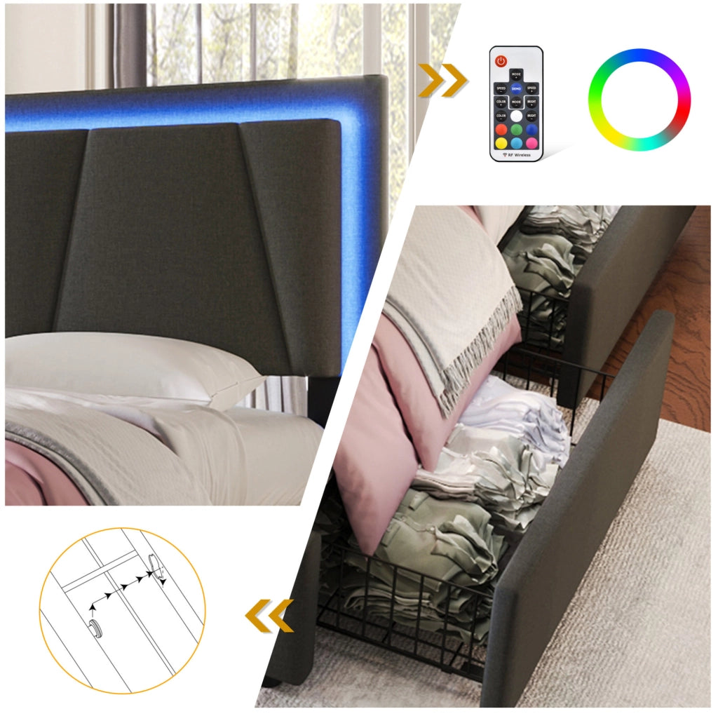 Letto matrimoniale 160x200 cm con LED e 4 cassetti grigio
