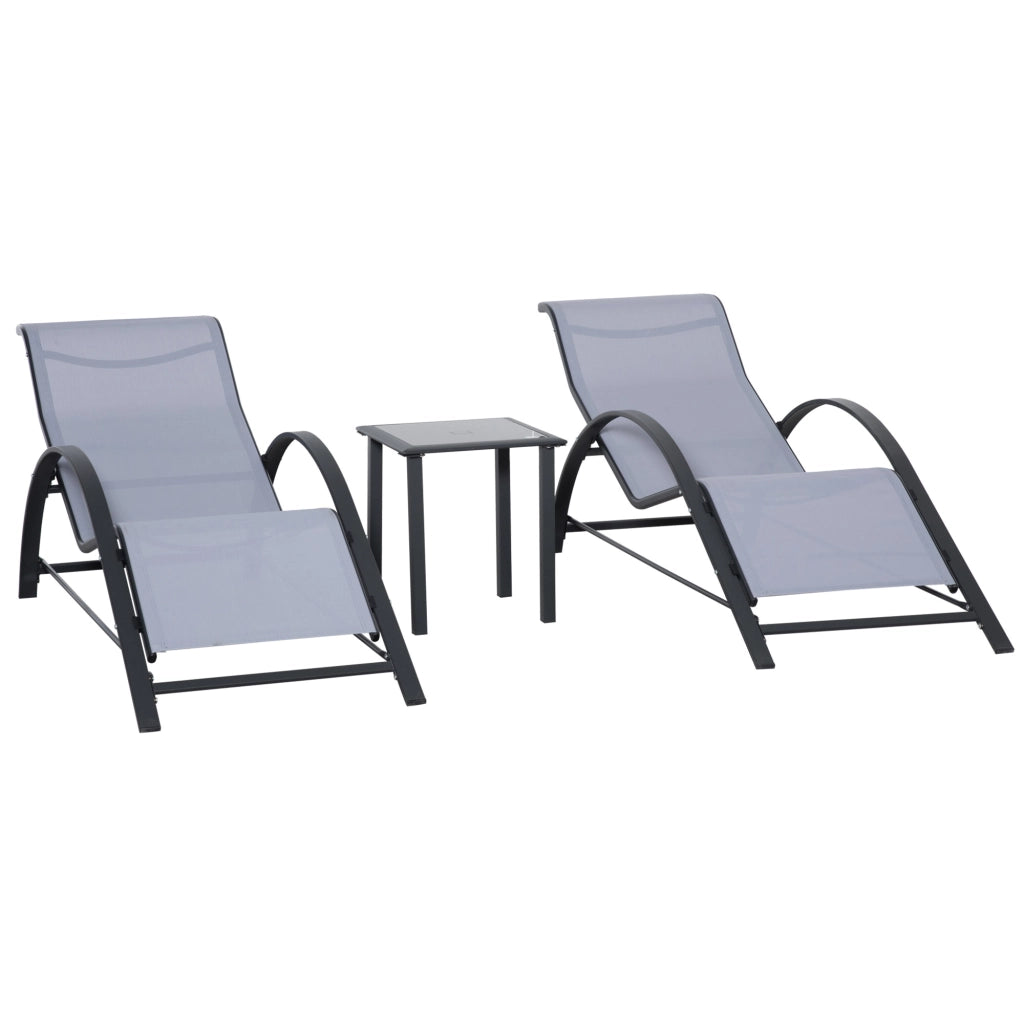 Set di 2 Lettini Prendisole 59x169x66 cm e Tavolino con Piano in Vetro Grigio Chiaro