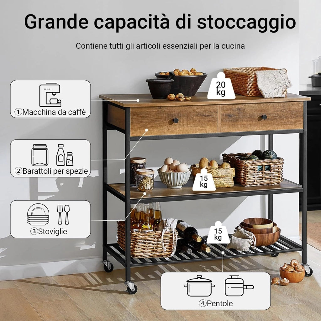 Carrello da Cucina e Mobile Cucina Salvaspazio con 2 Cassetti e 2 Ripiani – Mobiletto con Ruote Stile Industriale, Credenza Compatta per Ingresso, Cucina o Soggiorno 100x45x93cm FKW112-PF