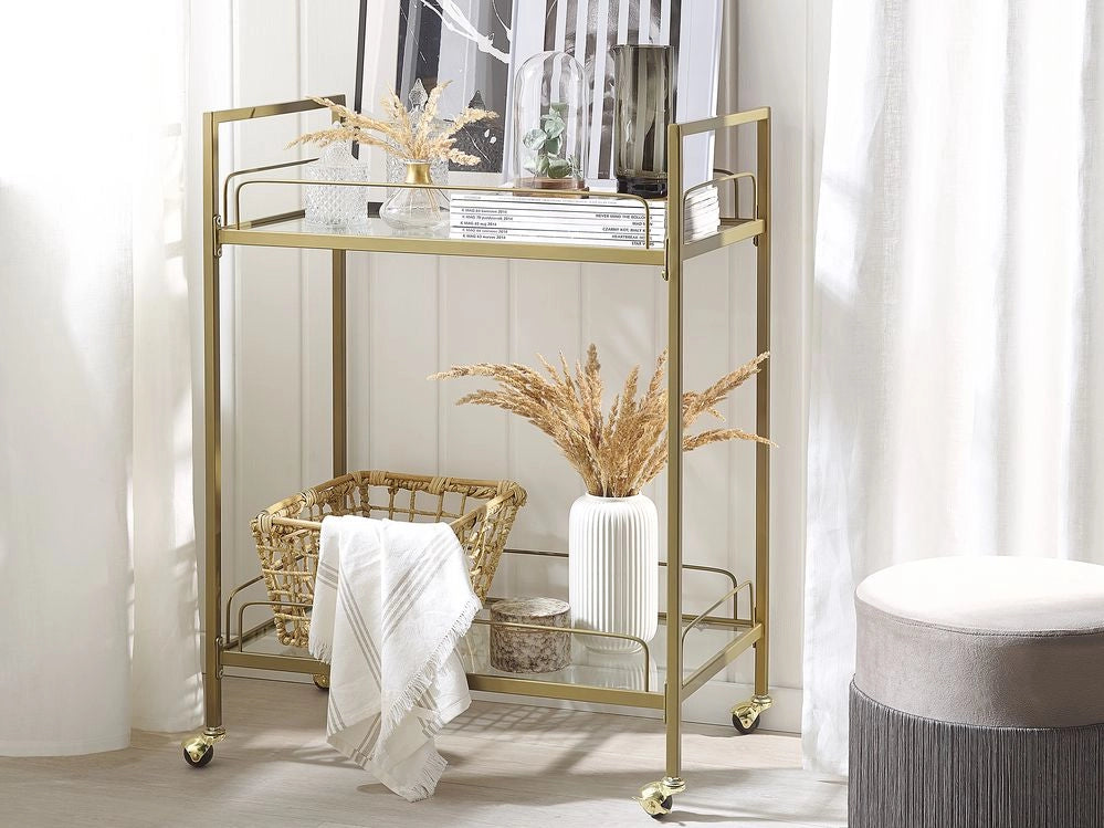 Carrello Cucina Gambe in Metallo dorato Piano in Vetro Temperato con Ripiano e Ruote Glam