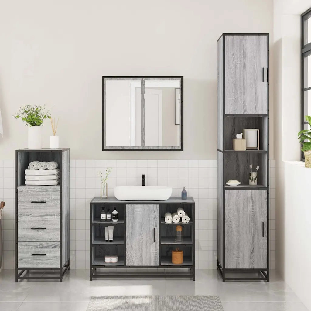 Set Mobili da Bagno 3 pz Grigio Sonoma in Legno Multistrato 3301033
