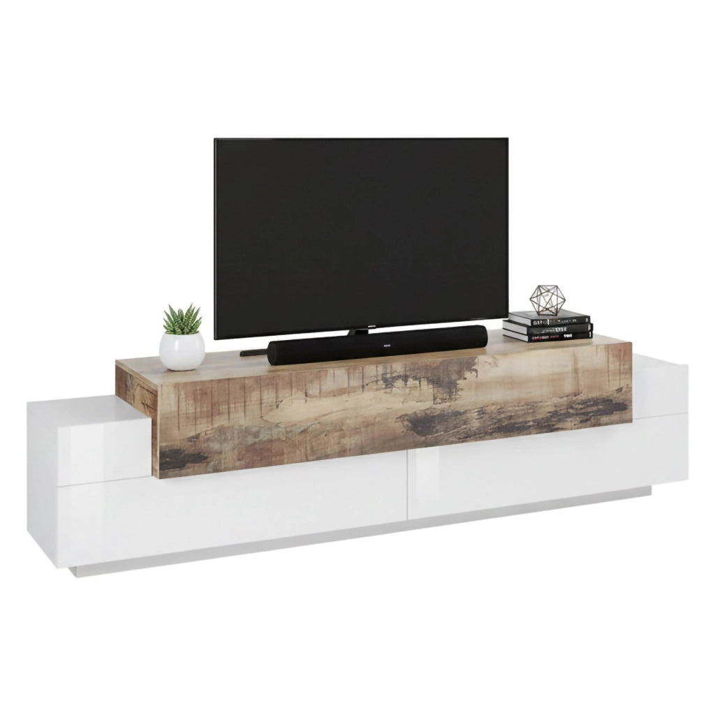 Mobile da soggiorno Porta Arold, Made in Italy, Supporto per Arold da salotto a 3 ante e ripiani, cm 200x45h52, Bianco lucido e Acero