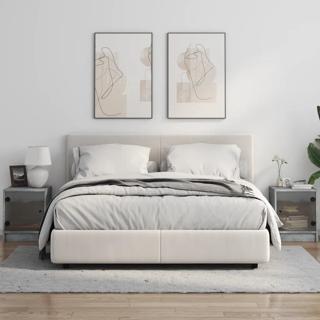 Set di 2 Comodini | Armadio da Notte | Mobiletto da notte con Ante in Vetro Grigio Cemento 35x37x42 cm