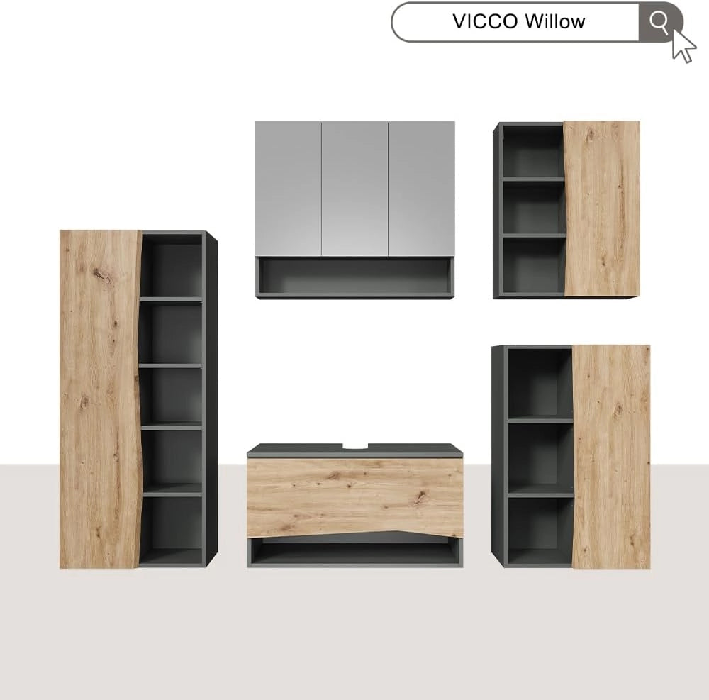 Set di mobili da bagno Willow, Artigiano, 80 cm, composto da mobile sottolavabo, specchiera e mobile medio