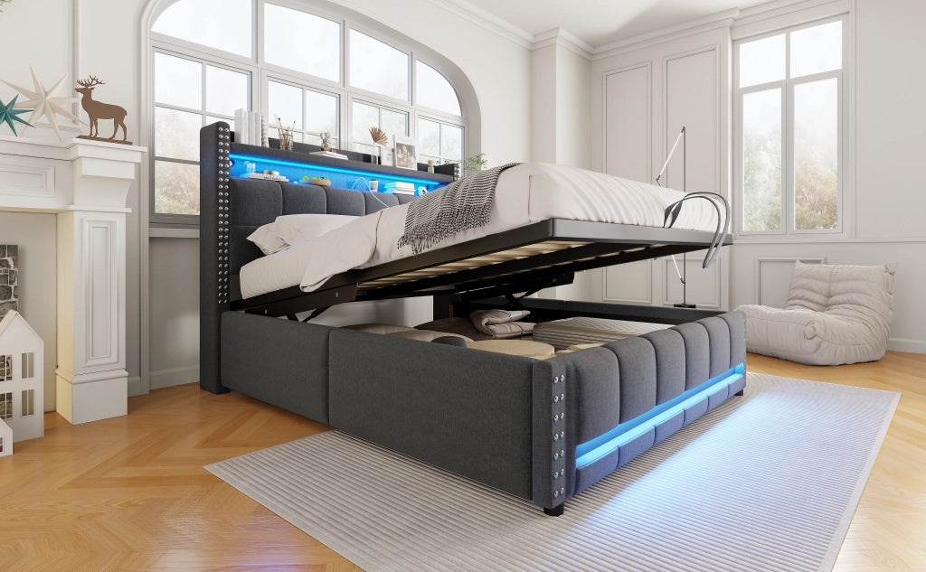 DESMIU Letto imbottito 140 × 200 cm 2 posti con LED, USB, contenitore nella testiera, senza materasso, grigio