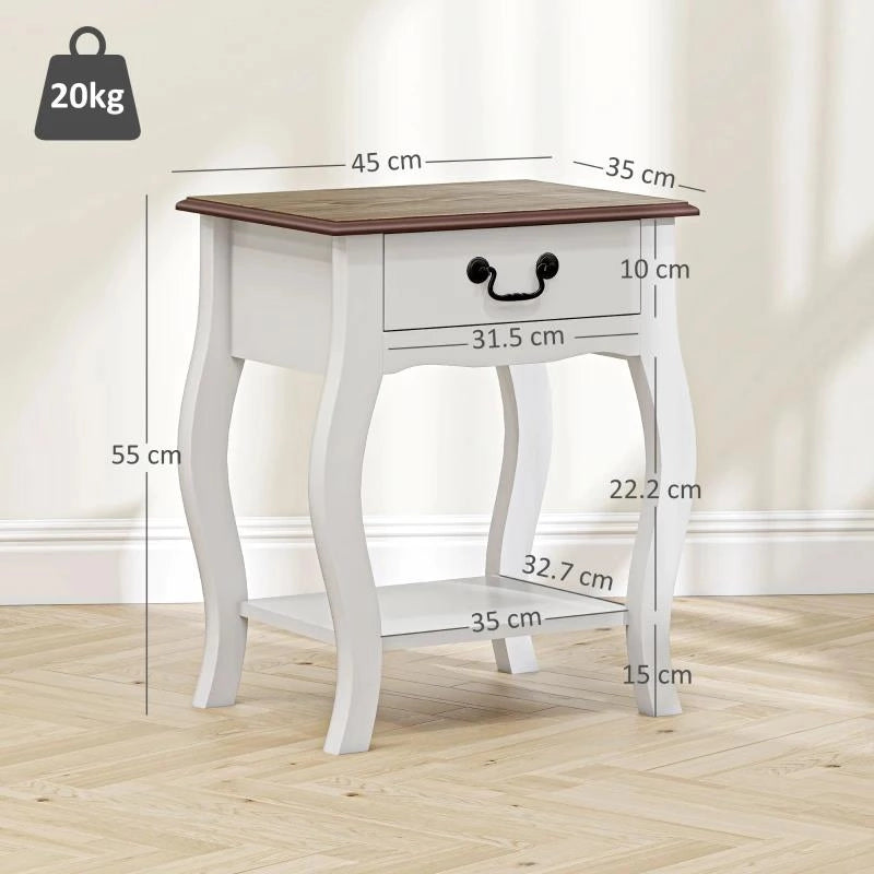 COMODINO CON CASSETTO E RIPIANO APERTO IN STILE FRANCESE IN LEGNO, 45X35X55 CM, BIANCO E ROVERE