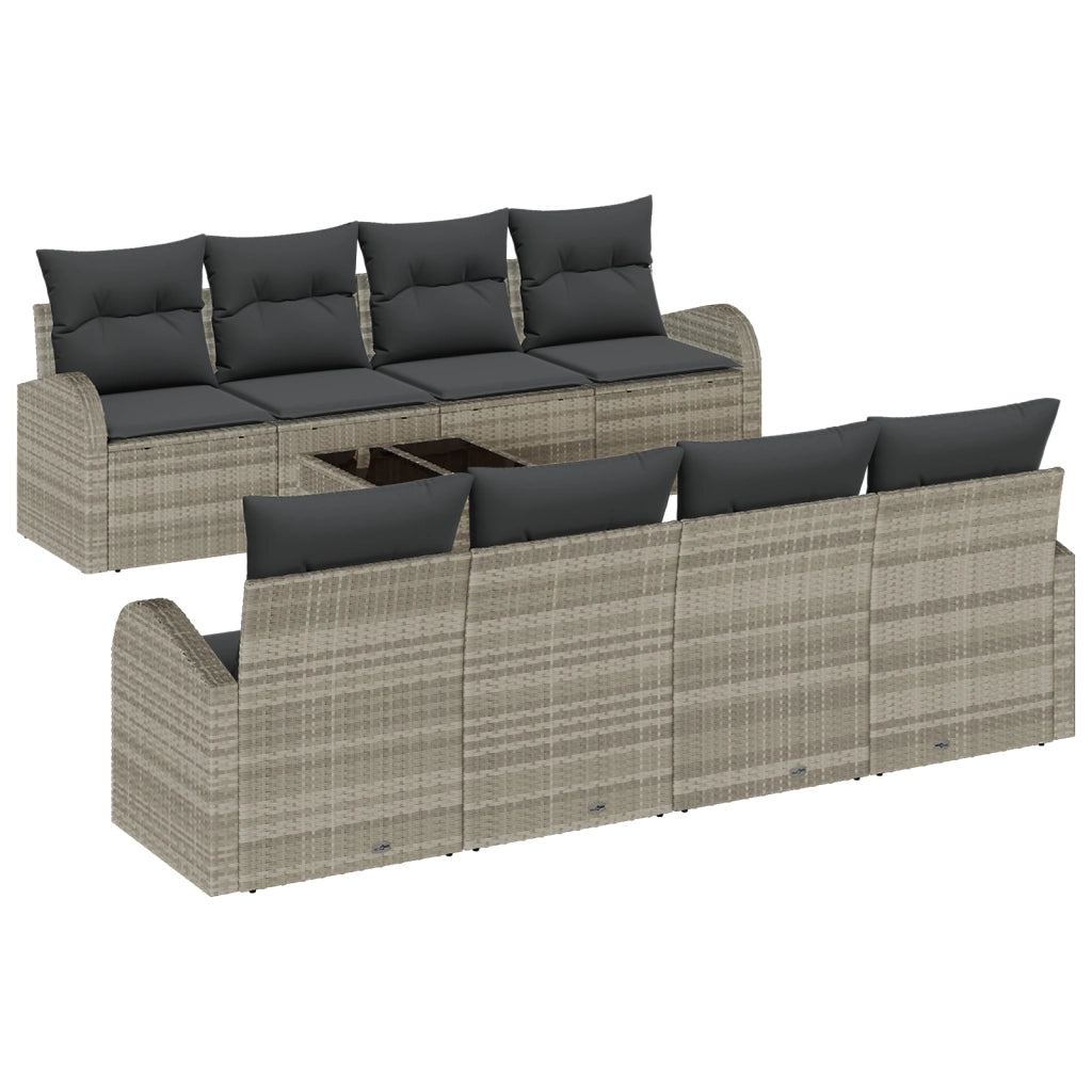 Set da giardino di 9 pezzi con cuscini grigio chiaro in polyrattan