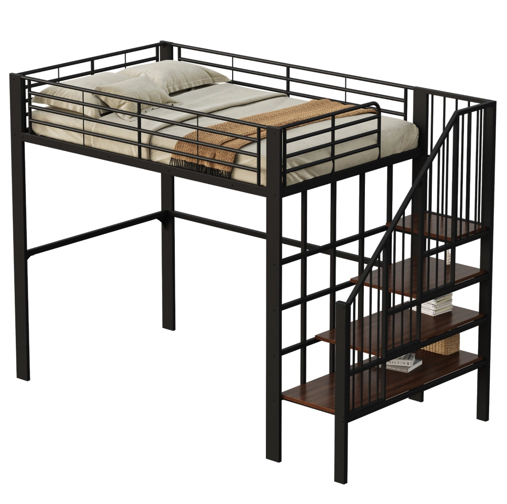 Letto a soppalco 140x200 cm nero in metallo con scala