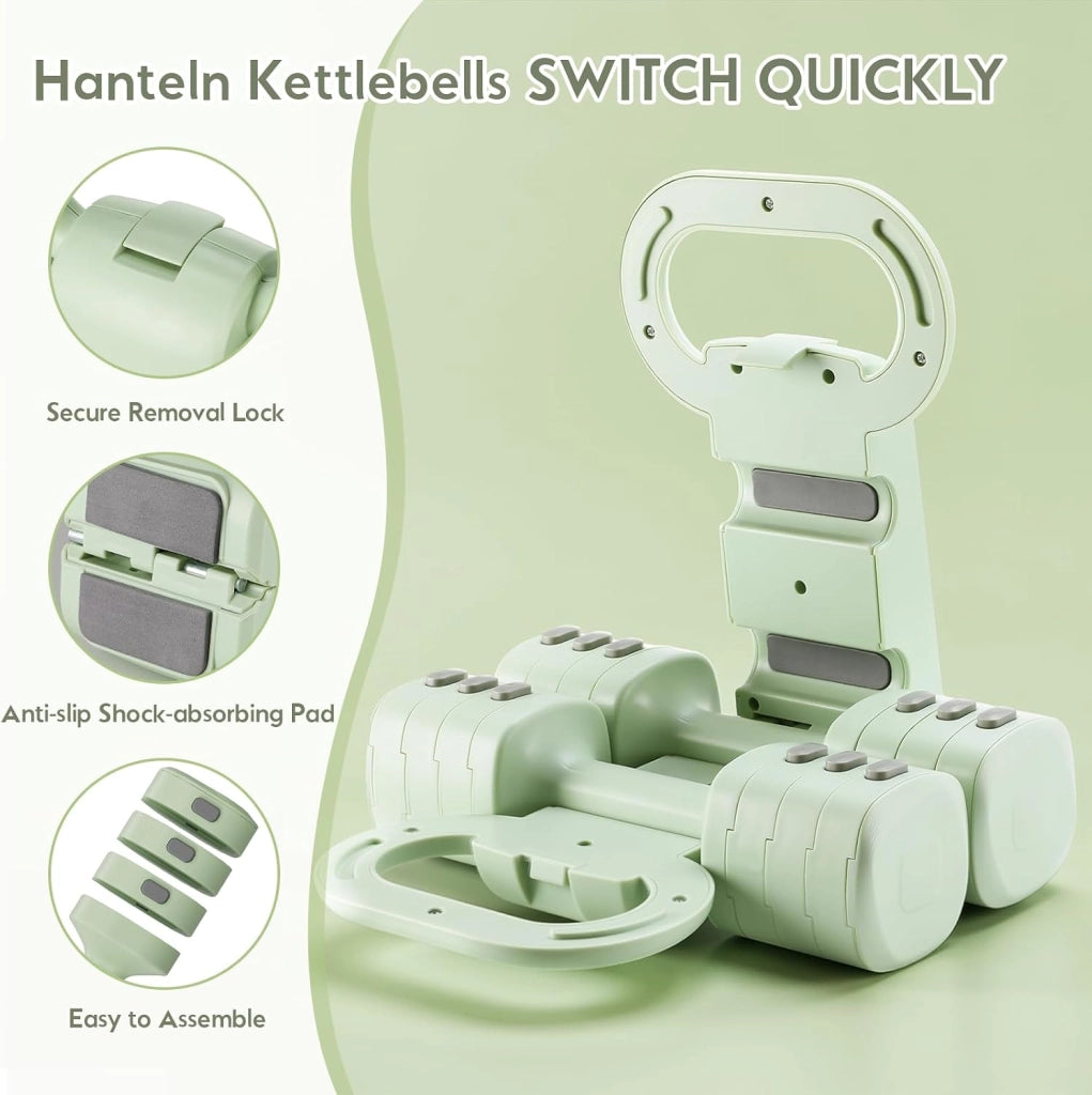 Set di 2 manubri regolabili 2 in 1, per donne e uomini, 4 livelli di peso con adattatore kettlebell, set di manubri per casa (Verde)