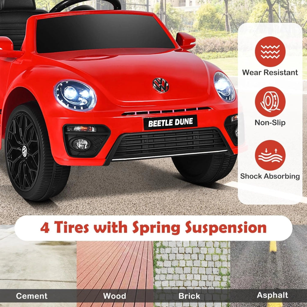 Macchina Elettrica per Bambini Volkswagen Beetle Maggiolino 12V con Telecomando, Auto Elettrico a Pedale, Veicoli con Musica, Fari LED e Clacson, 3-5km/h, Carico 30 kg, 3-8 Anni (Rosso)