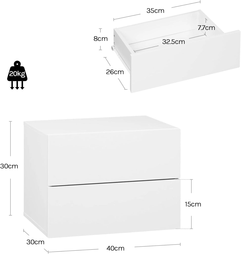 Set di 2 Comodini Sospesi con Cassetto, Comodini Galleggianti, 40x30x30 cm, Mobili per Camera da Letto in Legno, Salvaspazio, Moderno, Bianco