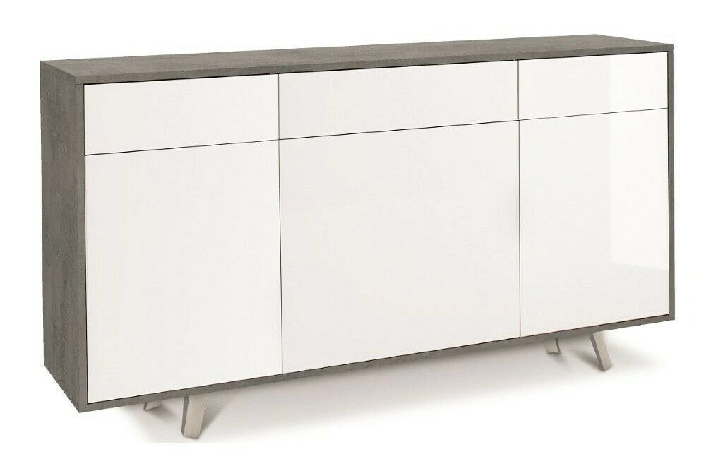 Mobile Madia 3 ante e 3 Cassetti H92 L164 P41 Cm struttura color Cemento frontali Bianco Lucido 7076k Sarmog