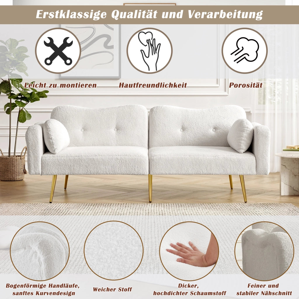OKWISH Divano Letto 2 Posti, Schienali Regolabili in 3 Posizioni con 2 Cuscini, Tessuto Effetto Lana e Schiuma, Bianco