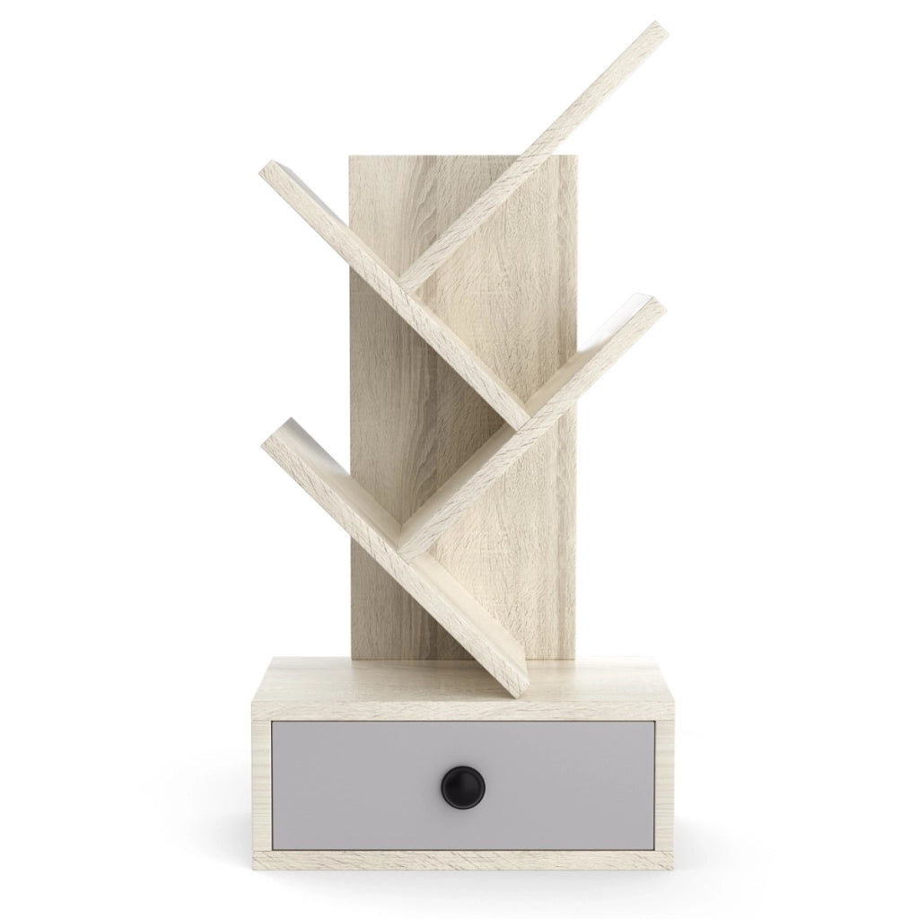 Libreria ad albero a 5 ripiani per scrivania-Libreria piccola con cassetto per CD riviste da esposizione Beige