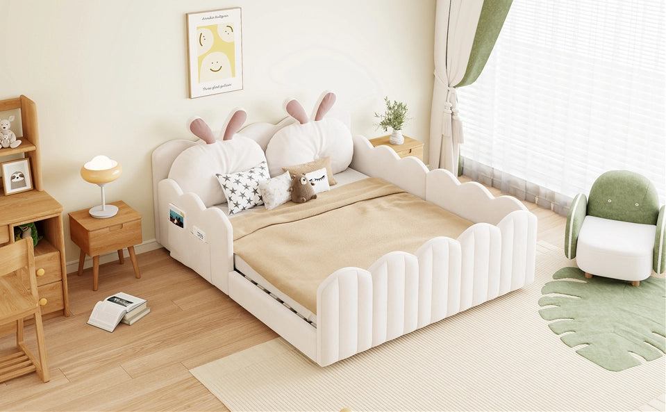 Letto Piattaforma Imbottito 140x200 cm con Cuscino a Forma di Coniglio, Beige