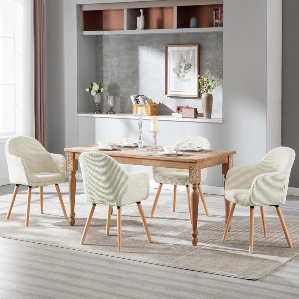 Set 2 Sedie Sala da Pranzo, Sedie Cucina, Poltroncina, Sedia Imbottita per Camera da letto Ufficio, Salotto, Seduta in Velluto a Coste, Gambe in Legno Massiccio, Crema, EZS26cm-2
