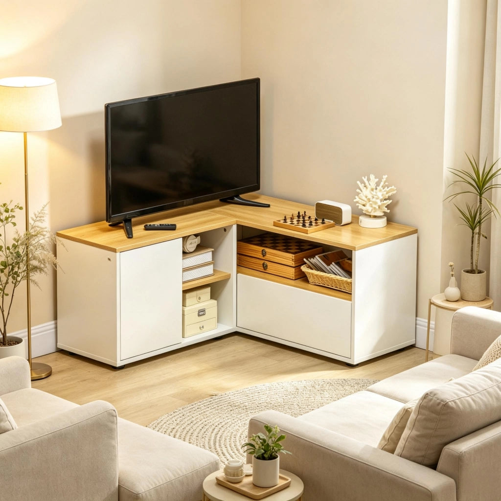 MOBILE TV Angolare 90x90x45 cm Bianco ed Effetto Legno in Pannello Truciolare