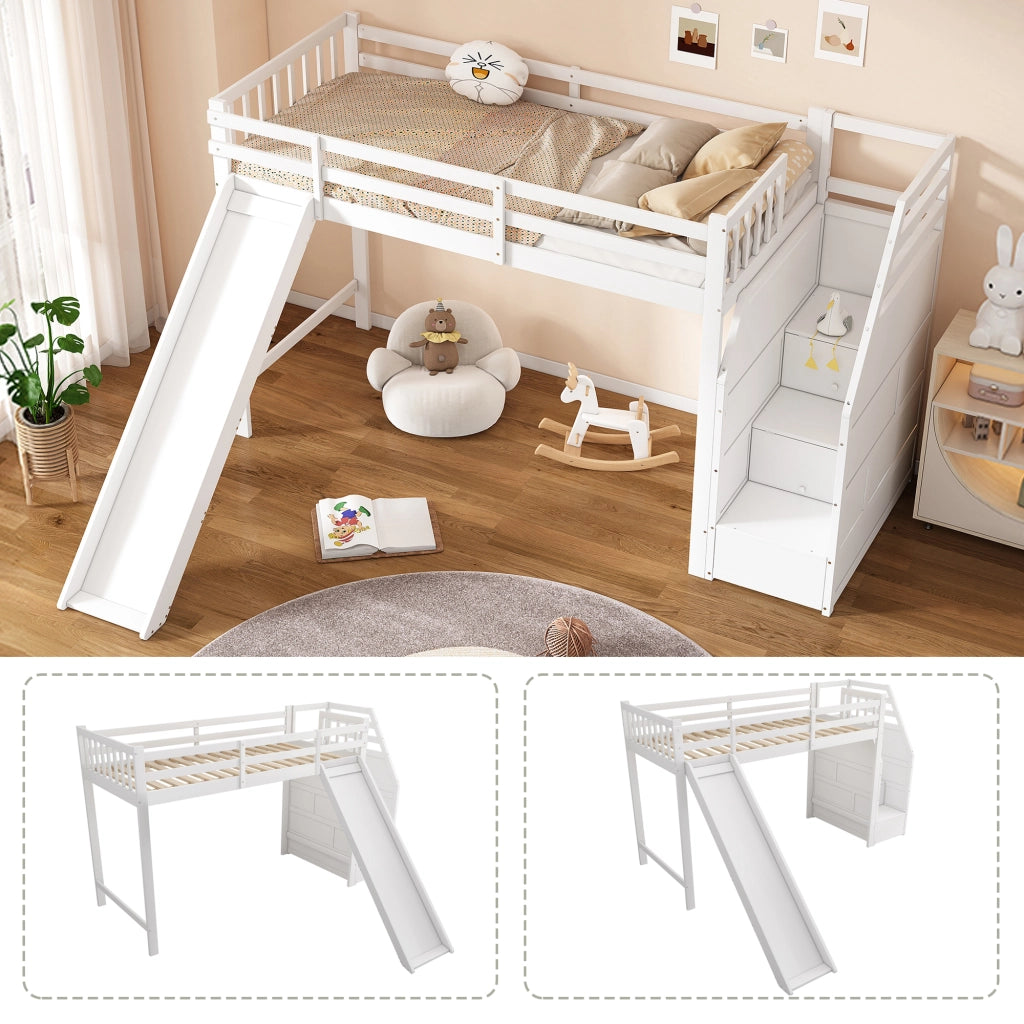 Letto a castello bianco in pino con scivolo e scala portante 90x200 cm