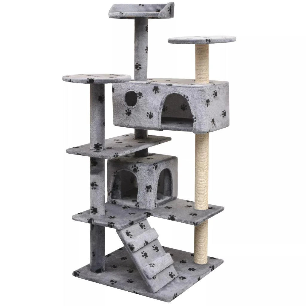 Tiragraffi albero per gatti cuccia per gatti giocattolo peluche e sisal 125 cm impronte di zampe grigio 3702268