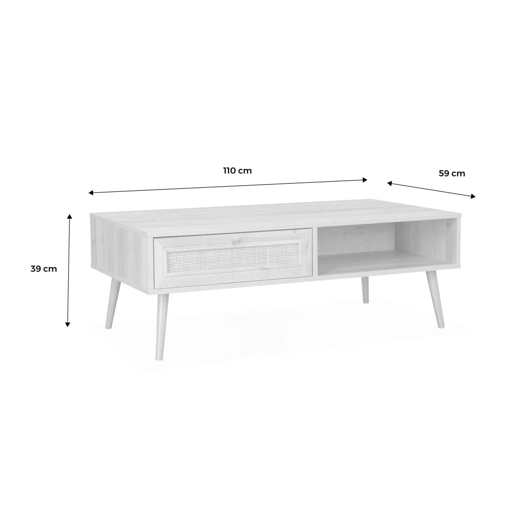Tavolino scandinavo in vimini, 1 cassetto, bianco sporco